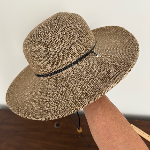 SCALA CLEO WOMENS 4” WIDE BRIM HAT CHIN CORD PAPER BRAID VEGAN LEATHER BAND - Picture 1 of 11